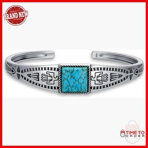 Adjustable Sterling Silver Turquoise Cuff Bracelet for Men Boho Style
